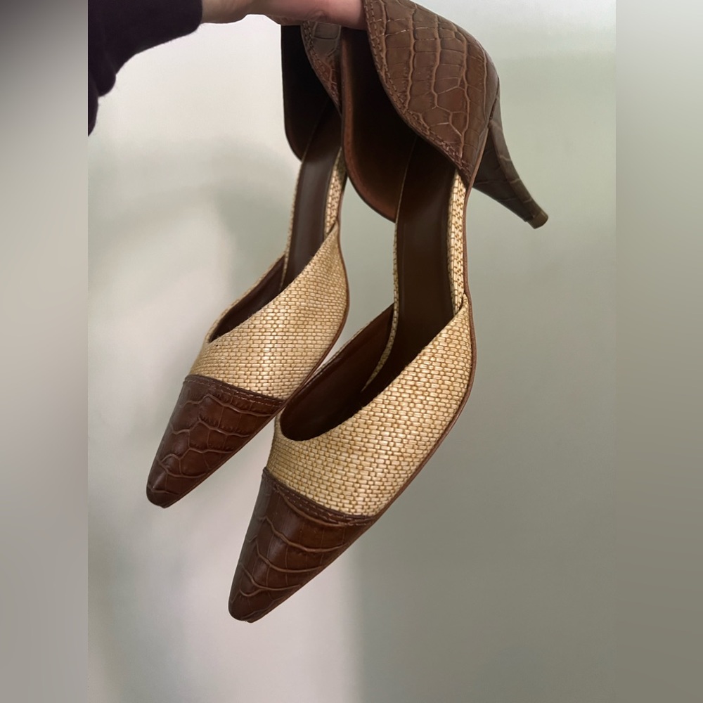 Tory Burch brown leather and raffia kitten heels